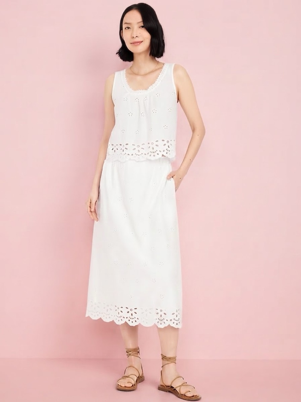 Old Navy White A-Line Eyelet Midi Skirt with Scalloped Hem